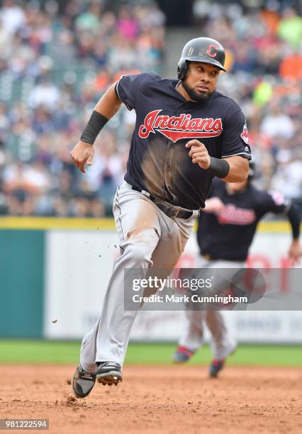 Melky Cabrera of the Cleveland Indians runs the bases during the game against the Detroit Tigers at Comerica Park on June 10, 2018 in Detroit,...