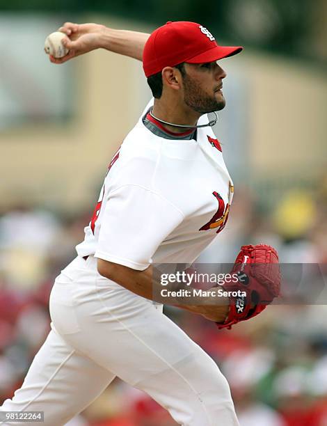 Pitcher Jaime Garcia of the St. Louis Cardinals throws against the Minnesota Twins at Roger Dean Stadium on March 29, 2010 in Jupiter, Florida.