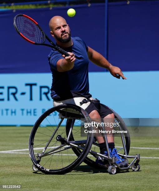 Stefan Olsson of Sweden in action during the men's wheelchair quarter-final on Day 5 of the Fever-Tree Championships at Queens Club on June 22, 2018...