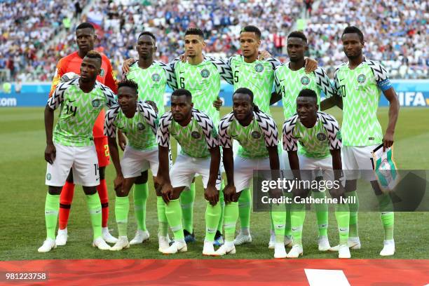 The Nigeria players pose for a team photo prior to the 2018 FIFA World Cup Russia group D match between Nigeria and Iceland at Volgograd Arena on...