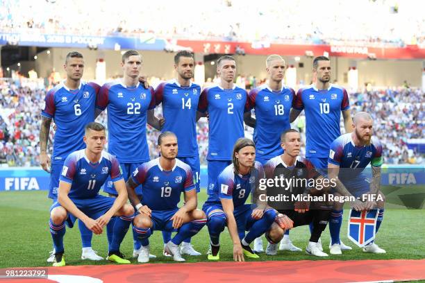 Iceland team pose prior to the 2018 FIFA World Cup Russia group D match between Nigeria and Iceland at Volgograd Arena on June 22, 2018 in Volgograd,...