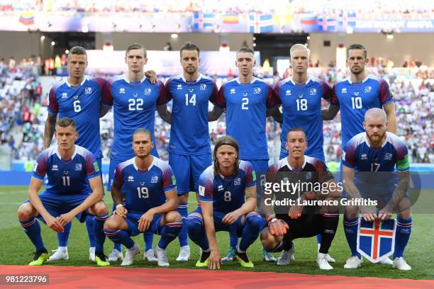 Iceland team pose prior to the 2018 FIFA World Cup Russia group D match between Nigeria and Iceland at Volgograd Arena on June 22, 2018 in Volgograd,...