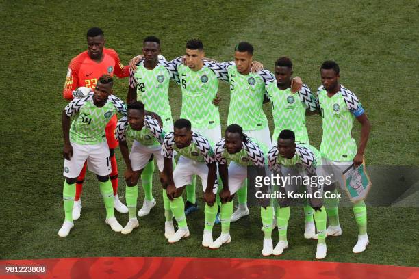 The Nigeria players pose for a team photo prior to the 2018 FIFA World Cup Russia group D match between Nigeria and Iceland at Volgograd Arena on...