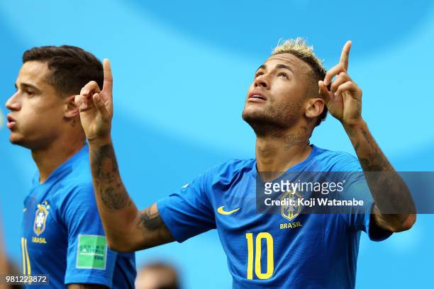 Neymar of Brazil celebrates after scoring his team's second goal during the 2018 FIFA World Cup Russia group E match between Brazil and Costa Rica at...