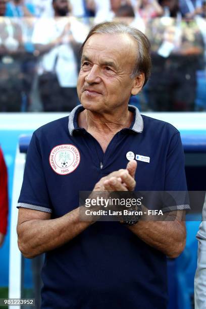 Gernot Rohr, Manager of Nigeria looks on prior to the 2018 FIFA World Cup Russia group D match between Nigeria and Iceland at Volgograd Arena on June...