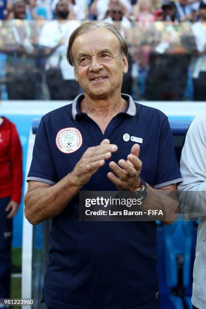 Gernot Rohr, Manager of Nigeria looks on prior to the 2018 FIFA World Cup Russia group D match between Nigeria and Iceland at Volgograd Arena on June...