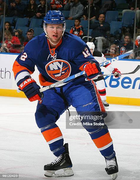 Josh Bailey of the New York Islanders skates against the New Jersey Devils on March 13, 2010 at Nassau Coliseum in Uniondale, New York. Islanders...