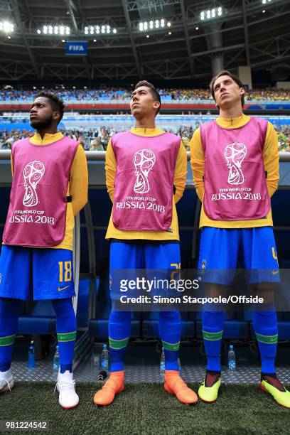 Brazil substitutes Fred , Roberto Firmino and Pedro Geromel looks on ahead of the 2018 FIFA World Cup Russia Group E match between Brazil and Costa...