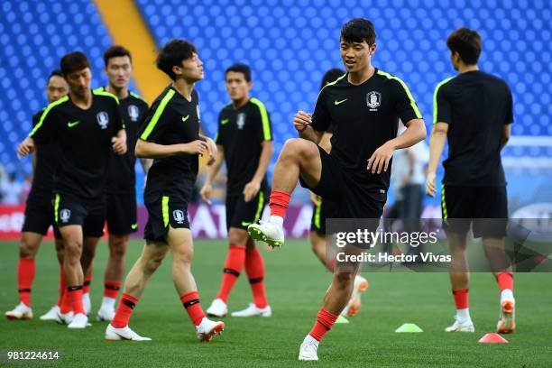 Kim Young-Gwon of South Korea, warms up during a training and press conference ahead of the match against Mexico as part of FIFA World Cup Russia...