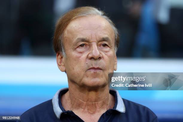 Gernot Rohr, Manager of Nigeria looks on prior to the 2018 FIFA World Cup Russia group D match between Nigeria and Iceland at Volgograd Arena on June...