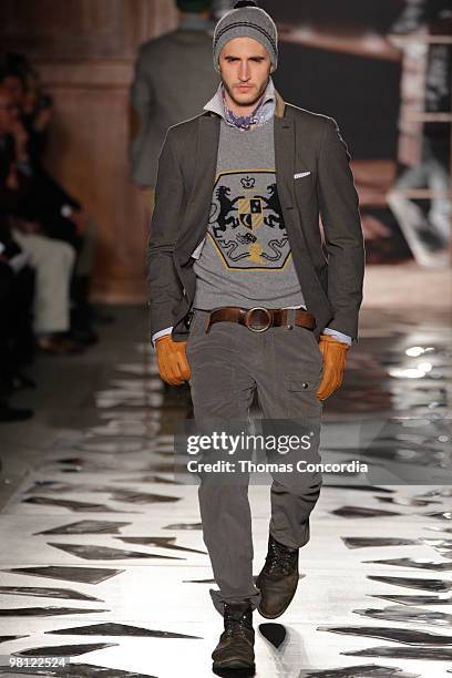 Model walks the runway at the Michael Bastian show during Mercedes-Benz Fashion Week on February 14, 2010 in New York City.