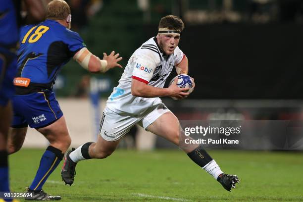 Brodie McAlistair of the Crusaders runs the ball during the World Series Rugby match between the Western Force and the Crusaders at nib Stadium on...