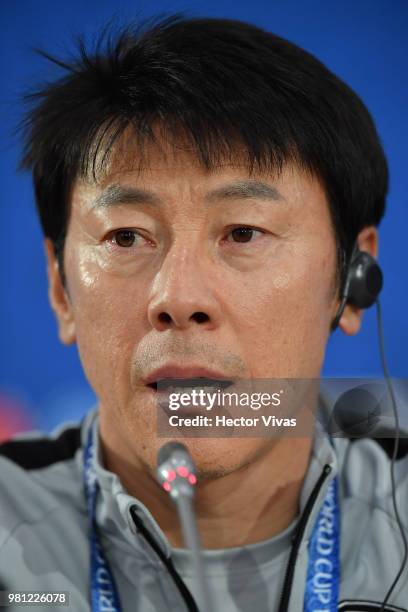 Shin Tae-Yong coach of South Korea, speaks during a training and press conference ahead of the match against Mexico as part of FIFA World Cup Russia...