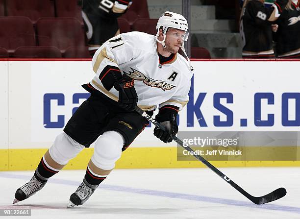 Saku Koivu of the Anaheim Ducks skates up ice during their game against the Vancouver Canucks at General Motors Place on March 24, 2010 in Vancouver,...