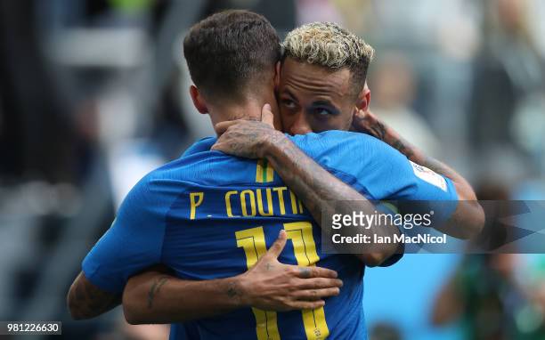 Neymar of Brazil celebrates after scoring his team's second goal with Philippe Coutinho of Brazil during the 2018 FIFA World Cup Russia group E match...