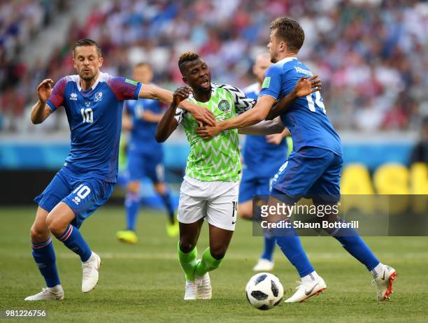 Kelechi Iheanacho of Nigeria is fouled by Kari Arnason of Iceland during the 2018 FIFA World Cup Russia group D match between Nigeria and Iceland at...