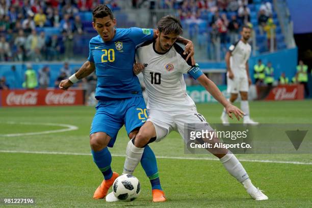 Roberto Fiemino of Brazil battles with Bryan Ruiz of Costa Rica during the 2018 FIFA World Cup Russia group E match between Brazil and Costa Rica at...
