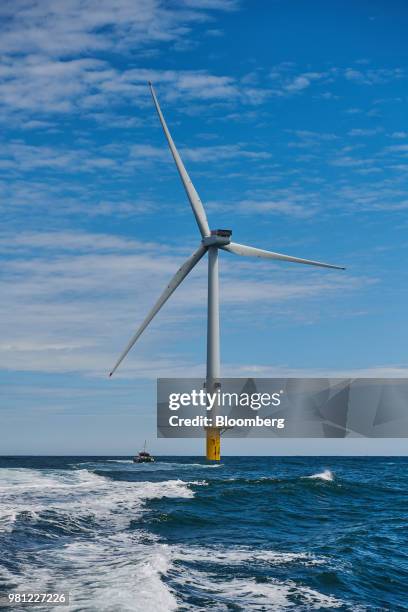 Wind turbines stand on the EDF Blyth Offshore Demonstrator wind farm, operated by EDF Energy Renewables Ltd., off the Northumberland coast in Blyth,...