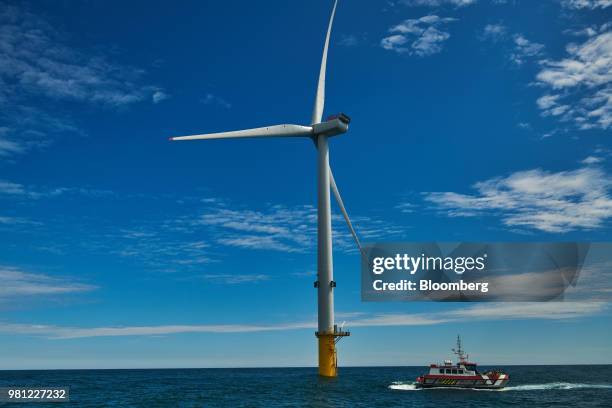 Wind turbines stand on the EDF Blyth Offshore Demonstrator wind farm, operated by EDF Energy Renewables Ltd., off the Northumberland coast in Blyth,...