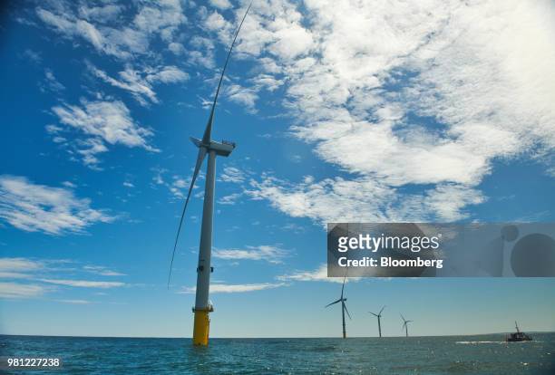 Wind turbines stand on the EDF Blyth Offshore Demonstrator wind farm, operated by EDF Energy Renewables Ltd., off the Northumberland coast in Blyth,...