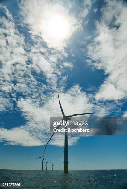 Wind turbines stand on the EDF Blyth Offshore Demonstrator wind farm, operated by EDF Energy Renewables Ltd., off the Northumberland coast in Blyth,...