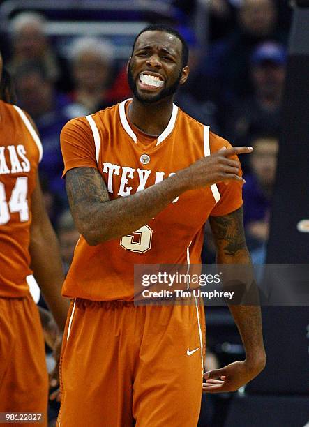 Damion James of the Texas Longhorns disputes a call during the quarterfinals of the 2010 Phillips 66 Big 12 Men's Basketball Tournament against the...