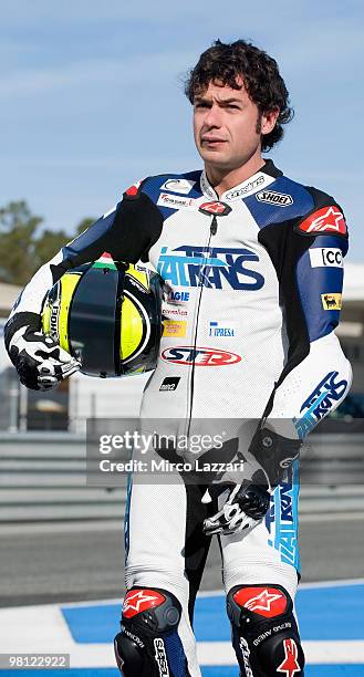 Roberto Rolfo of Italy and Italtrans S.T.R. Poses during the Moto2 and 125 cc. Test at Circuito de Jerez on March 29, 2010 in Jerez de la Frontera,...