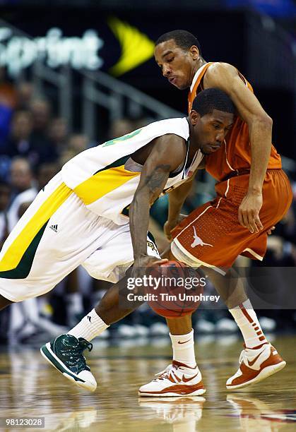 Walton of the Baylor Bears tries to dribble around Avery Bradley of the Texas Longhorns during the quarterfinals of the 2010 Phillips 66 Big 12 Men's...