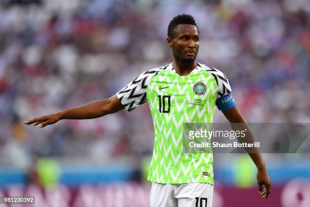 John Obi Mikel of Nigeria looks on during the 2018 FIFA World Cup Russia group D match between Nigeria and Iceland at Volgograd Arena on June 22,...