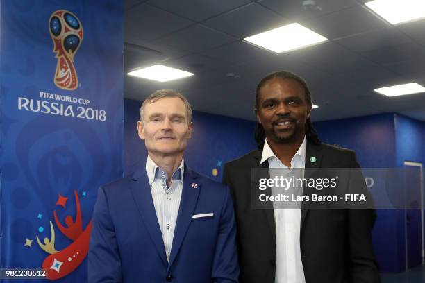 Legends Birkir Kristinsson of Iceland and Nwanko Kanu of Nigeria prior to the 2018 FIFA World Cup Russia group D match between Nigeria and Iceland at...