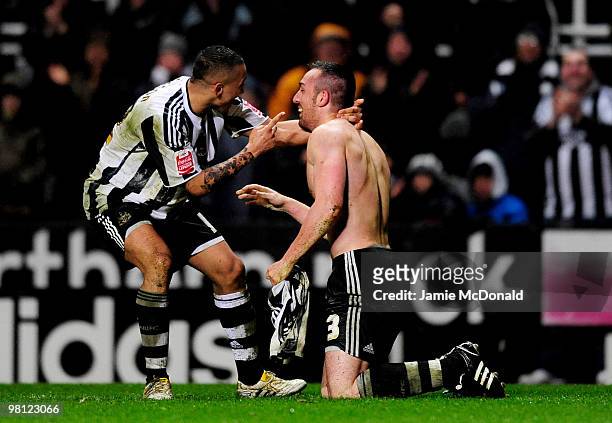 Danny Simpson celebrates the goal of Jose Enrique of Newcastle United during the Coca-Cola Championship match between Newcastle United and Nottingham...
