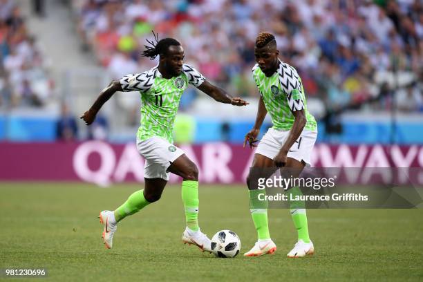Victor Moses of Nigeria runs with the ball during the 2018 FIFA World Cup Russia group D match between Nigeria and Iceland at Volgograd Arena on June...