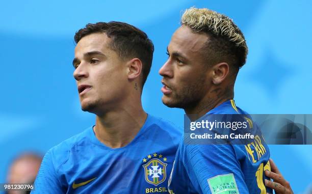 Neymar Jr of Brazil celebrates scoring the second goal of his team with Philippe Coutinho during the 2018 FIFA World Cup Russia group E match between...