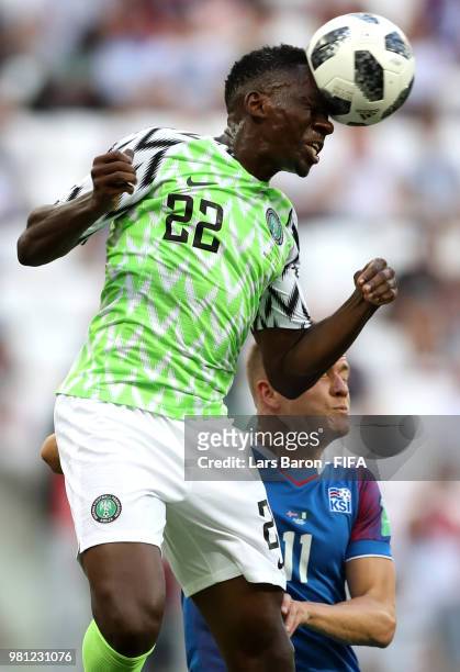 Kenneth Omeruo of Nigeria wins a header from Alfred Finnbogason of Iceland during the 2018 FIFA World Cup Russia group D match between Nigeria and...