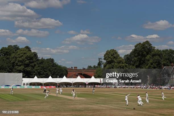 General view of play as Morne Morkel of Surrey takes the wicket of Lewis Gregory of Somerset during day 3 of the Specsavers County Championship...