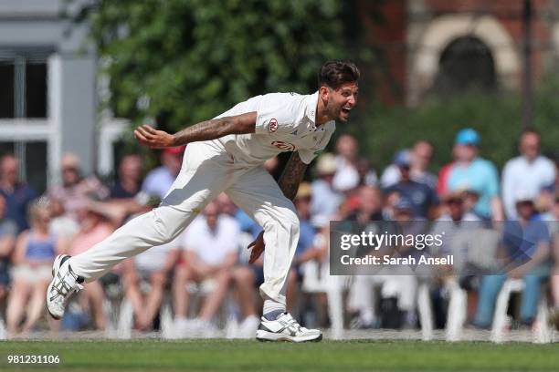 Jade Dernbach of Surrey bowls during day 3 of the Specsavers County Championship Division One match between Surrey and Somerset on June 22, 2018 in...