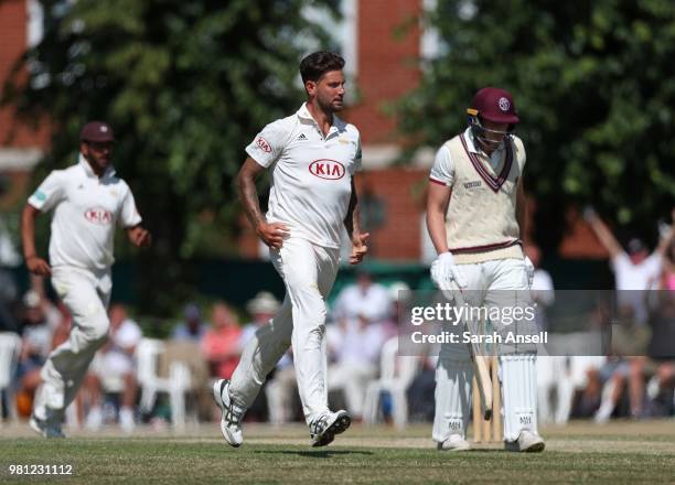 Jade Dernbach of Surrey celebrates after taking the wicket of Somerset's Josh Davey during day 3 of the Specsavers County Championship Division One...