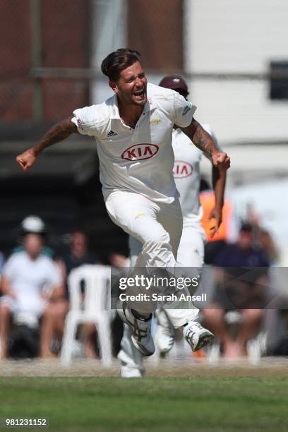 Jade Dernbach of Surrey celebrates after taking the wicket of Somerset's Josh Davey during day 3 of the Specsavers County Championship Division One...