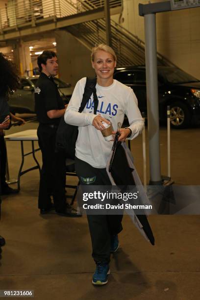 Erin Phillips of the Dallas Wings arrives before the game against the Minnesota Lynx on June 19, 2018 at Target Center in Minneapolis, Minnesota....