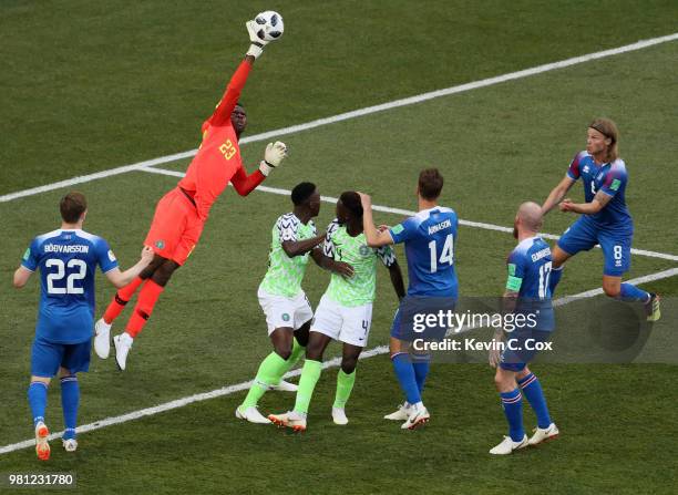 Francis Uzoho of Nigeria makes a save during the 2018 FIFA World Cup Russia group D match between Nigeria and Iceland at Volgograd Arena on June 22,...