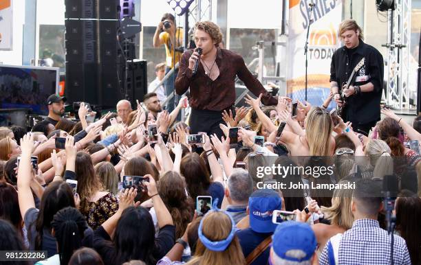 Luke Hemmings and Michael Clifford of 5 Seconds of Summer perform on NBC's "Today" at Rockefeller Plaza on June 22, 2018 in New York City.