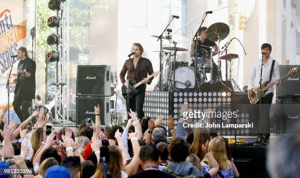 Calum Hood, Michael Clifford, Ashton Irwin and Luke Hemmings of 5 Seconds of Summer perform on NBC's "Today" at Rockefeller Plaza on June 22, 2018 in...