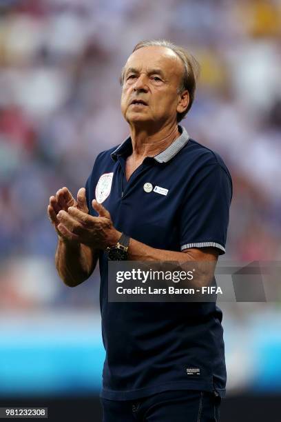 Gernot Rohr, Manager of Nigeria looks on during the 2018 FIFA World Cup Russia group D match between Nigeria and Iceland at Volgograd Arena on June...
