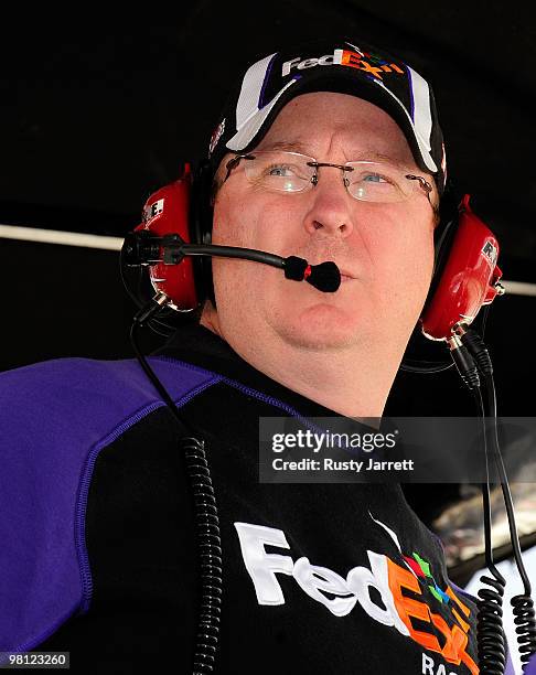 Mike Ford, crew chief for the FedEx Express Toyota driven by Denny Hamlin , looks on during the NASCAR Sprint Cup Series Goody's Fast Pain Relief 500...