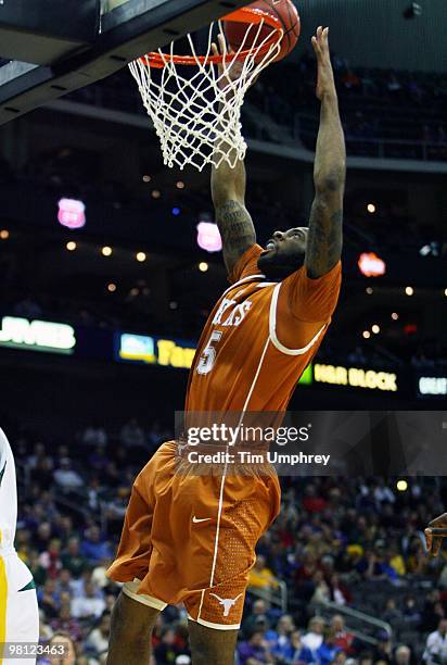 Damion James of the Texas Longhorns goes up for a layup against the Baylor Bears during the quarterfinals of the 2010 Phillips 66 Big 12 Men's...