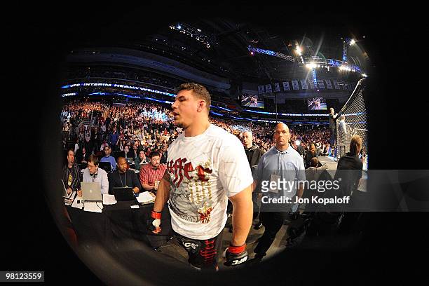 Fighter Frank Mir leaves the arena after being defeated by Shane Carwin during their "Interim" Heavyweight title bout at UFC 111 at the Prudential...