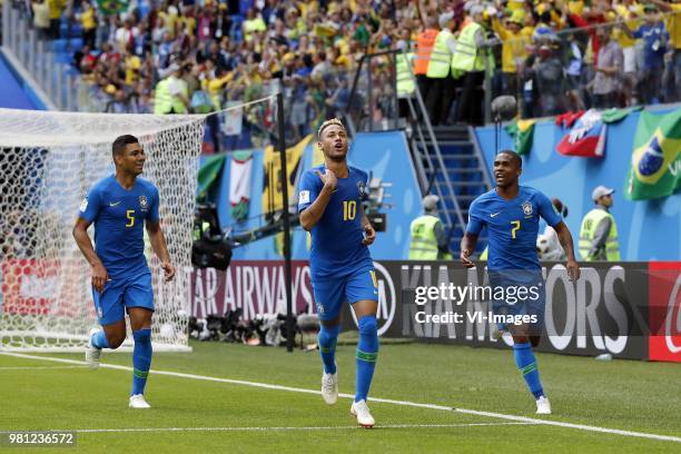 Casemiro of Brazil, Neymar of Brazil, Douglas Costa of Brazil during the 2018 FIFA World Cup Russia group E match between Brazil and Costa Rica at...