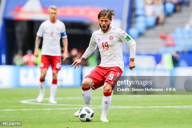 Lasse Schoene of Denmark controls the ball during the 2018 FIFA World Cup Russia group C match between Denmark and Australia at Samara Arena on June...