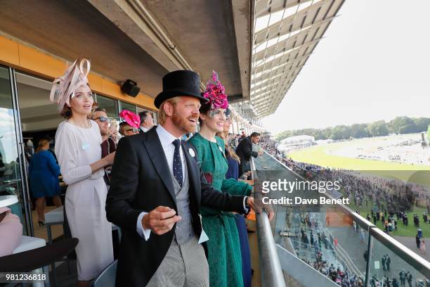 Alistair Guy and Michelle Dockery attend the Longines suite in the Royal Enclosure, during Royal Ascot on June 22, 2018 in Ascot, England.