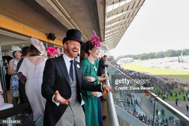 Alistair Guy and Michelle Dockery attend the Longines suite in the Royal Enclosure, during Royal Ascot on June 22, 2018 in Ascot, England.